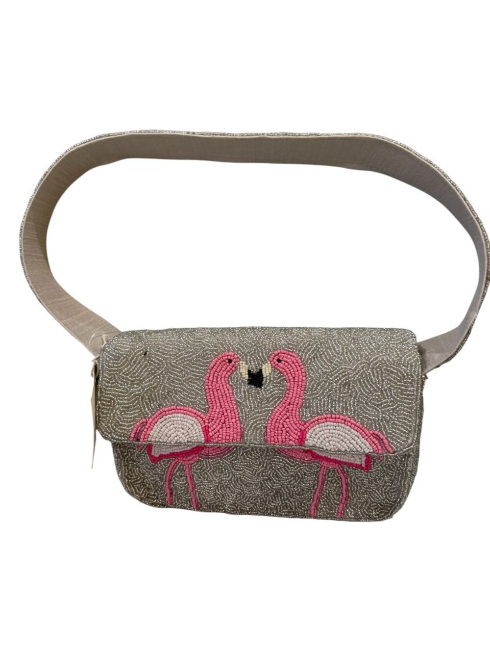 Sol and Mer Beaded Silver Bag Pink Flamingo Made in India Kissing Flamingoes NWT